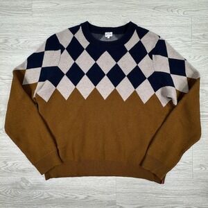 Kule Mens Sweater Argyle Crewneck Brown Navy Blue Medium Wool Cashmere Blend